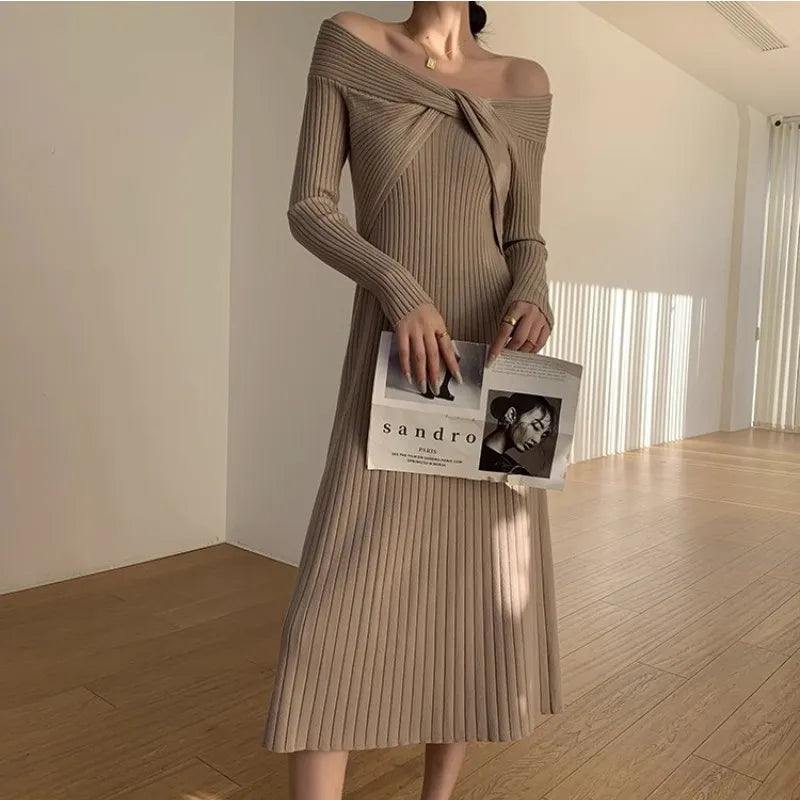 “Cashmere” Temperament Knitted Off Shoulder Designer Dress