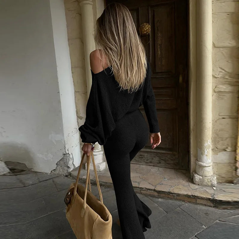 "Cashmere" Women's Casual Elegant Asymmetrical Top & Flare Pants 2 Piece Matching Lounge Set
