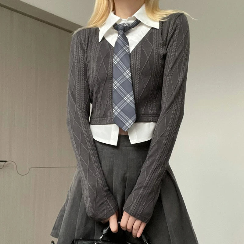 ”New School” Women’s Y2K Style Fake Two Piece Top With Tie