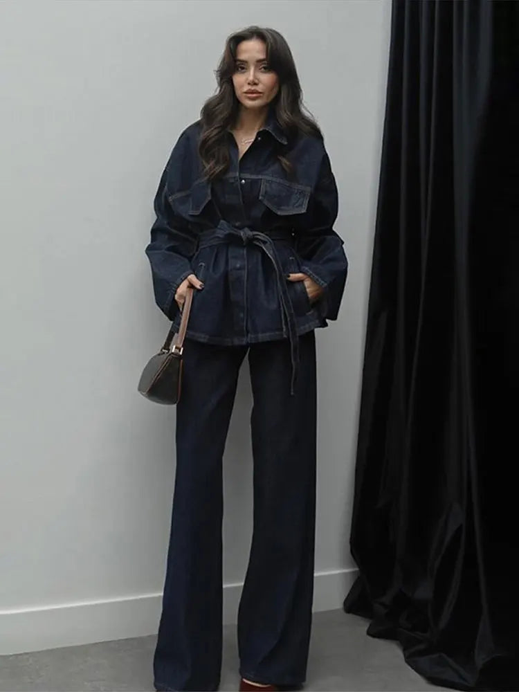 "Bel Air" Women's Cinched Lace Up Wide Leg Denim Pants Set