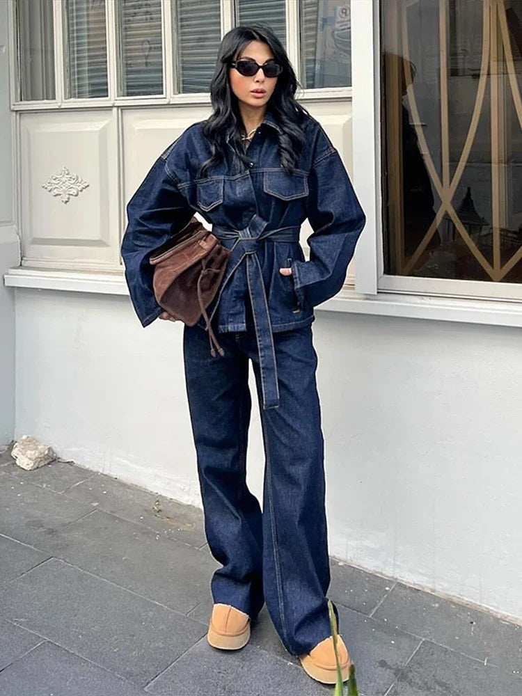 "Bel Air" Women's Cinched Lace Up Wide Leg Denim Pants Set