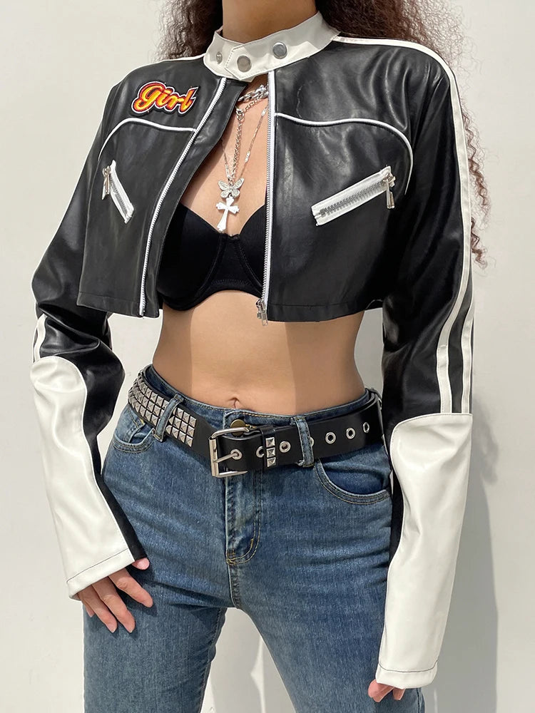 “Hot Shit” Women’s Cropped Two Tone Faux Leather Jacket