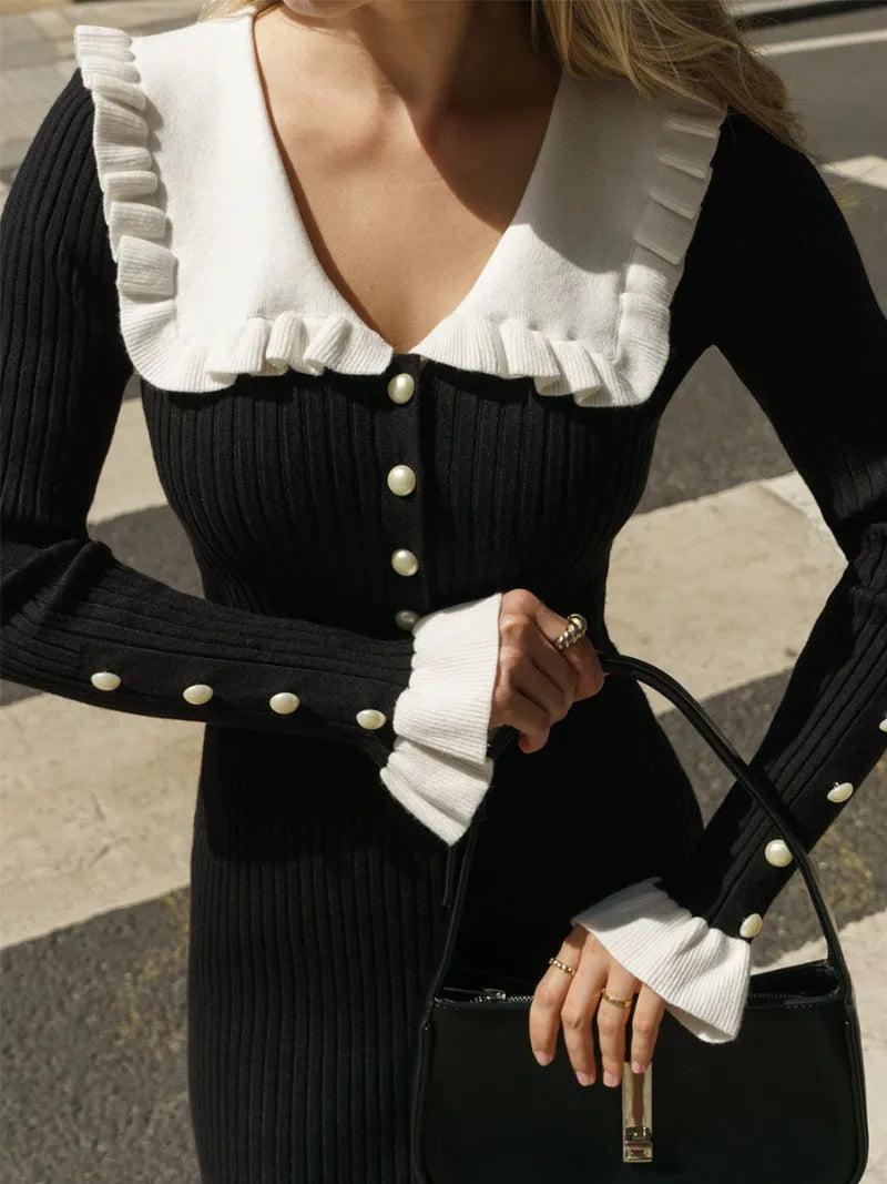 ”Elizabeth” Vintage Knitted High Waist Ruffled Maxi Dress