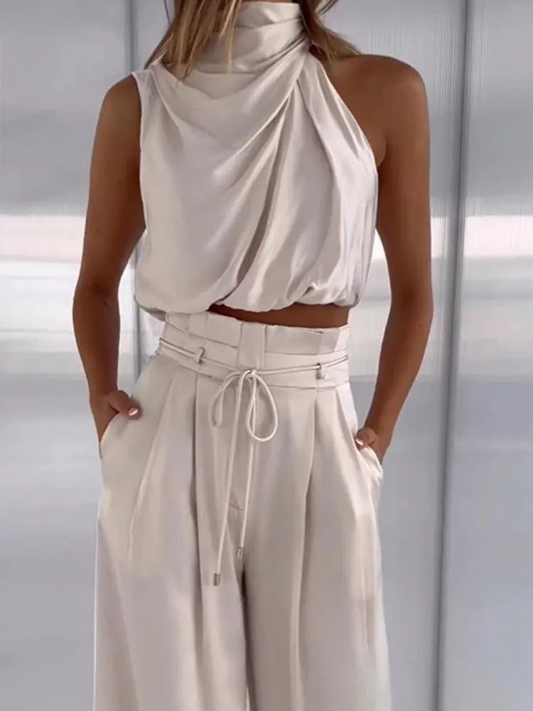 “Swift” Women’s Pleated Silk Two Piece Sleeveless Outfit Set