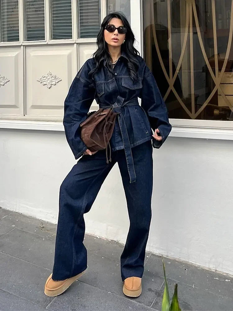 "Bel Air" Women's Cinched Lace Up Wide Leg Denim Pants Set