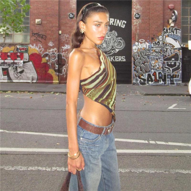 ”Dopamine” Women’s Asymmetric Print Y2K Style One Shoulder Crop Top