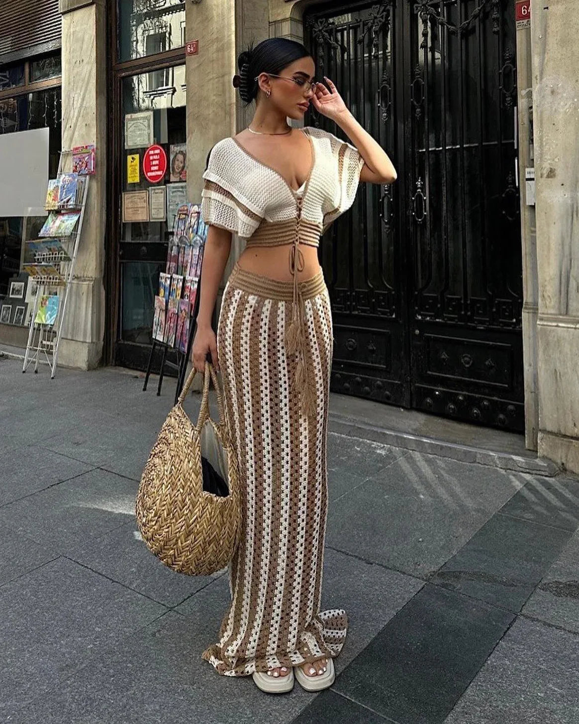 "Jolie" Knitted Striped 2 Piece Cropped Outfit Set