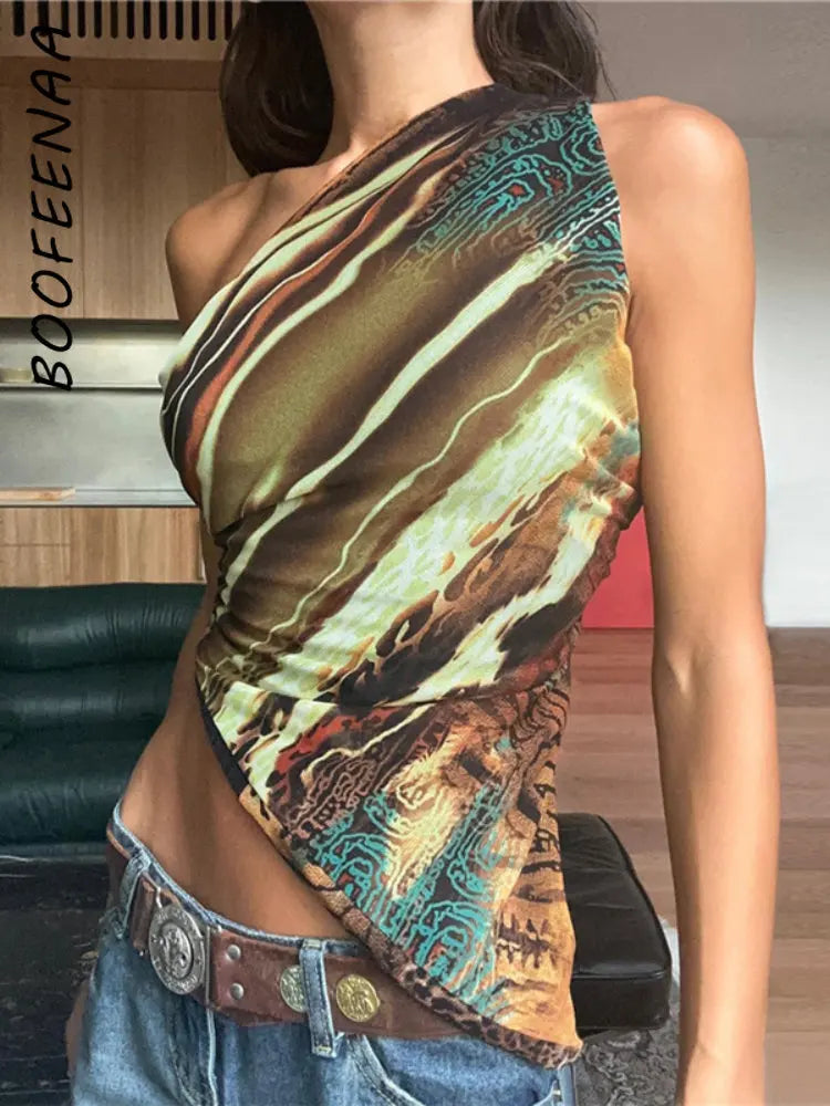 ”Dopamine” Women’s Asymmetric Print Y2K Style One Shoulder Crop Top