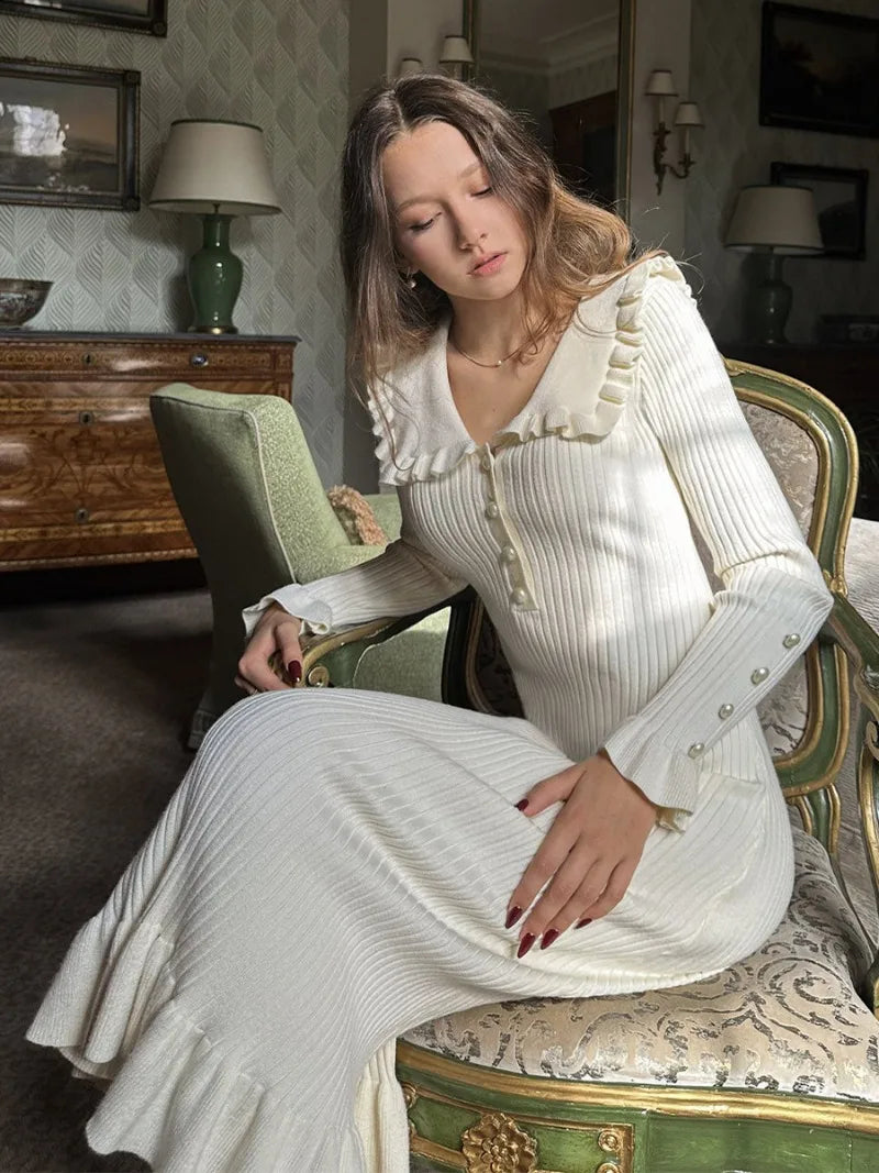 ”Elizabeth” Vintage Knitted High Waist Ruffled Maxi Dress