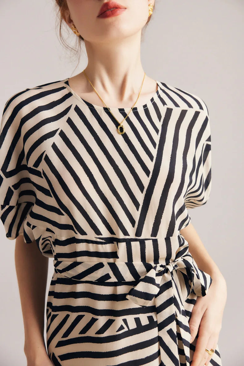 "Lady Jaye" Women's Mulberry Silk Bat Sleeve Striped Dress
