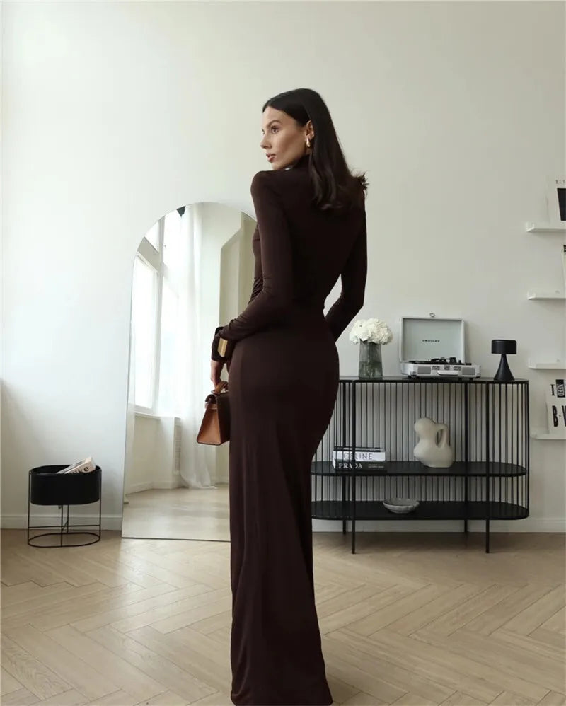"Madison" Women's Draped Turtleneck Thigh High Split Long Sleeve Bodycon Maxi Dress