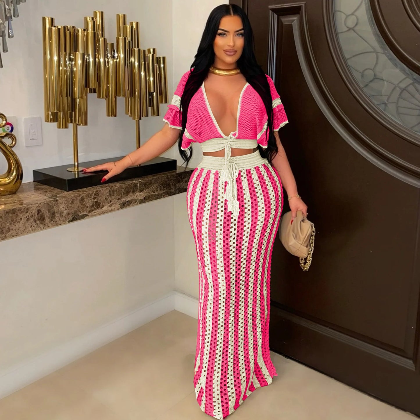 "Jolie" Knitted Striped 2 Piece Cropped Outfit Set