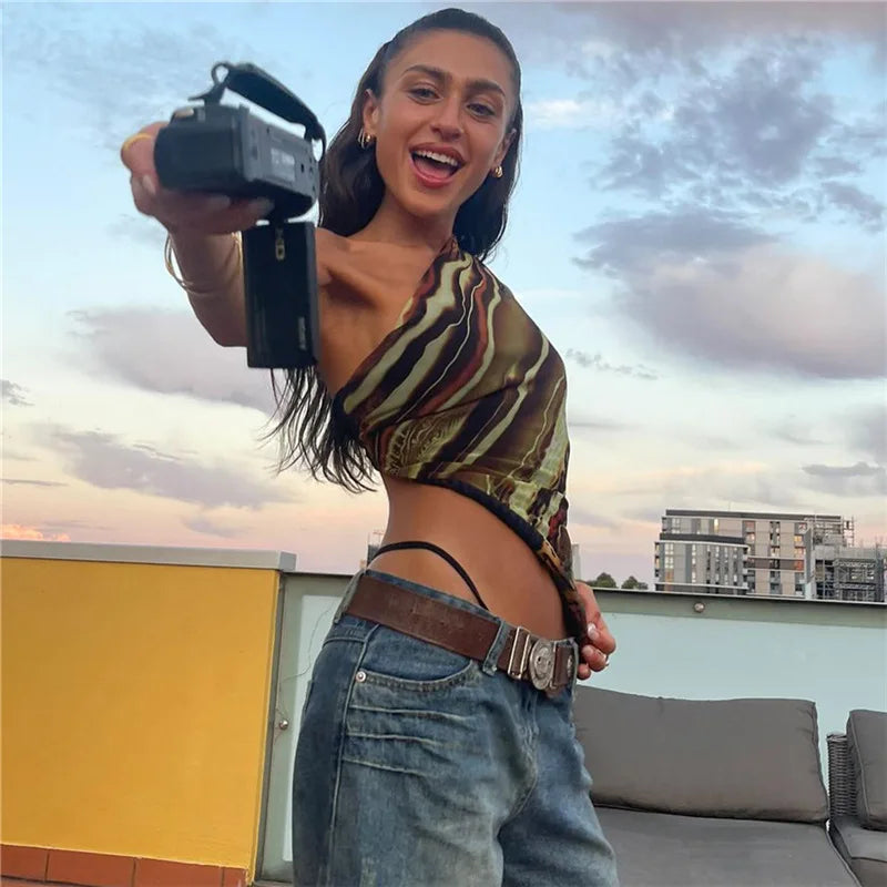 ”Dopamine” Women’s Asymmetric Print Y2K Style One Shoulder Crop Top