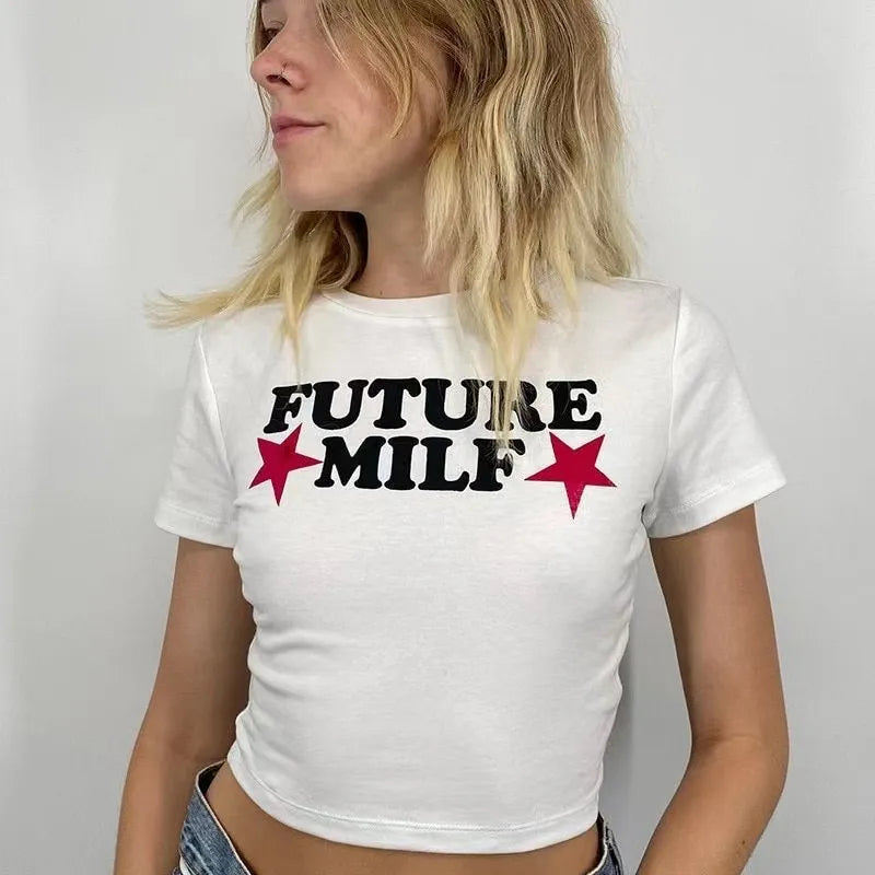 “Future Milf” Women’s Retro Star Print Y2K Style Baby Tee
