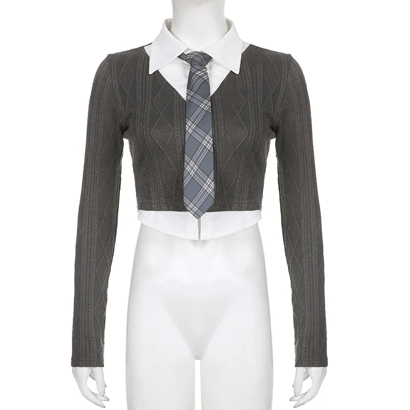 ”New School” Women’s Y2K Style Fake Two Piece Top With Tie