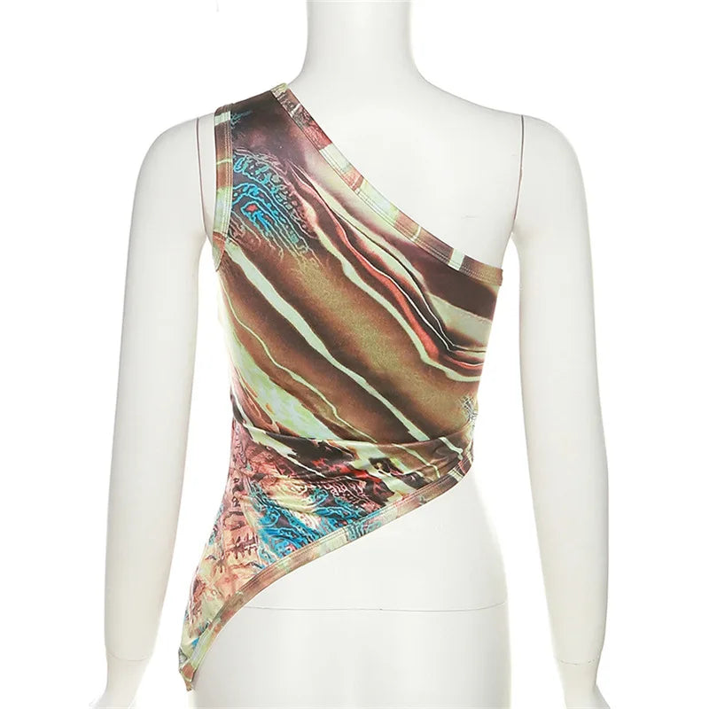 ”Dopamine” Women’s Asymmetric Print Y2K Style One Shoulder Crop Top