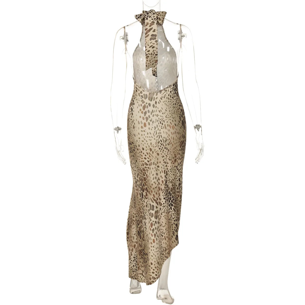 "Blackout" Women's Embellished Backless Leopard Print Maxi Dress