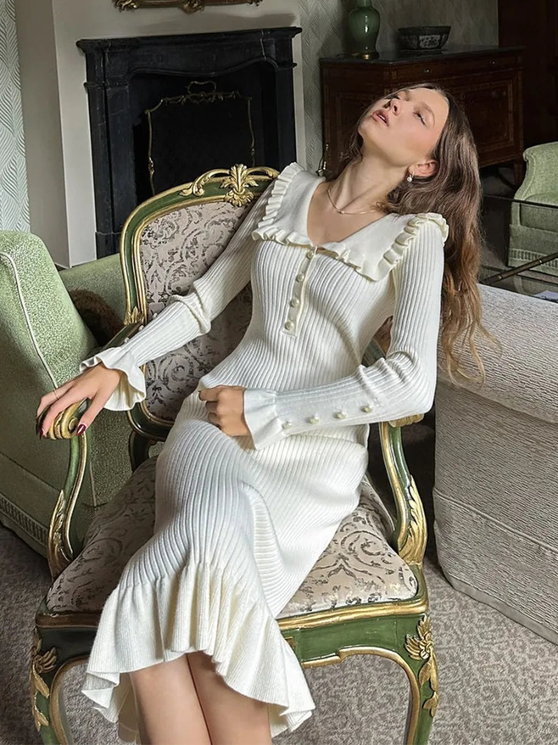 ”Elizabeth” Vintage Knitted High Waist Ruffled Maxi Dress