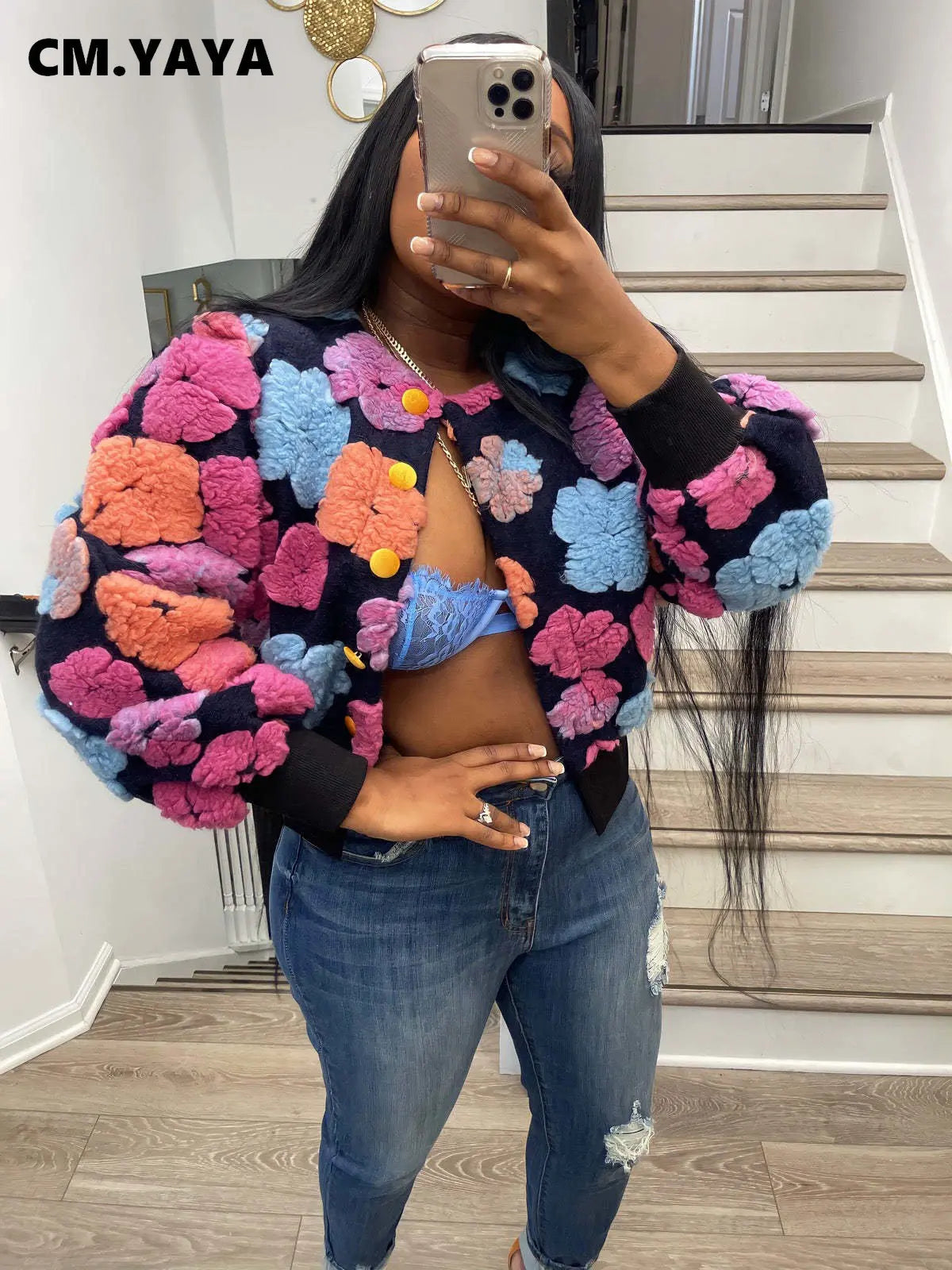 “Sauced Up” Elegant Front Floral Print Long Sleeve Jacket