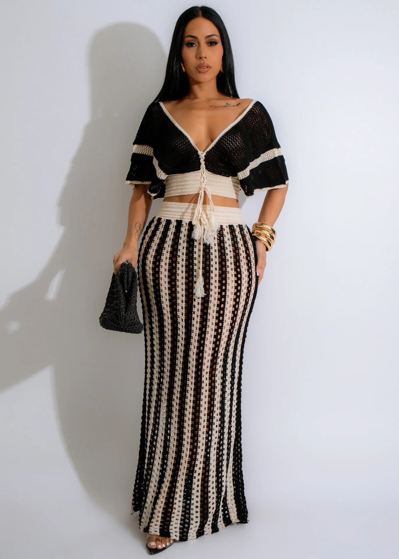 "Jolie" Knitted Striped 2 Piece Cropped Outfit Set