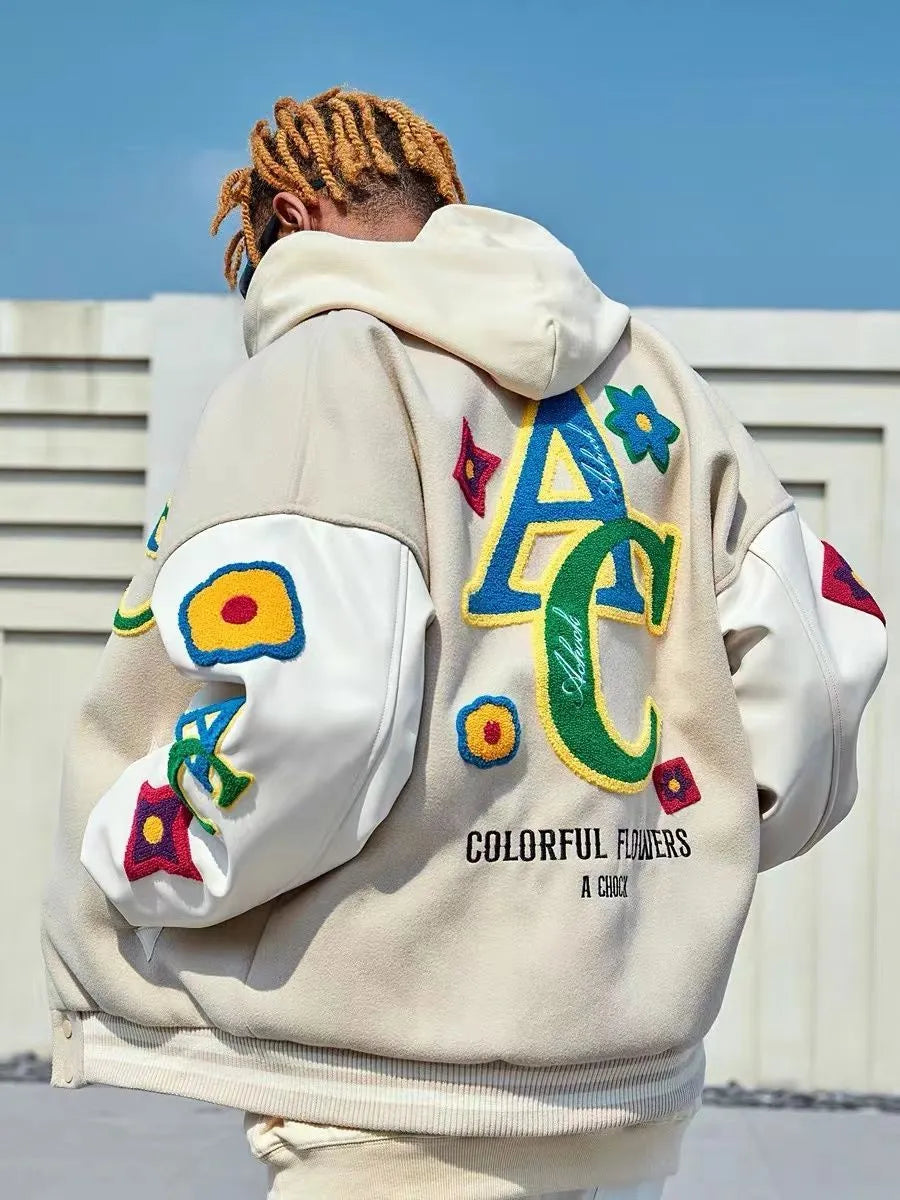 “Colorful Flowers” Men’s American Flower Embroidered Urban Bomber Jacket