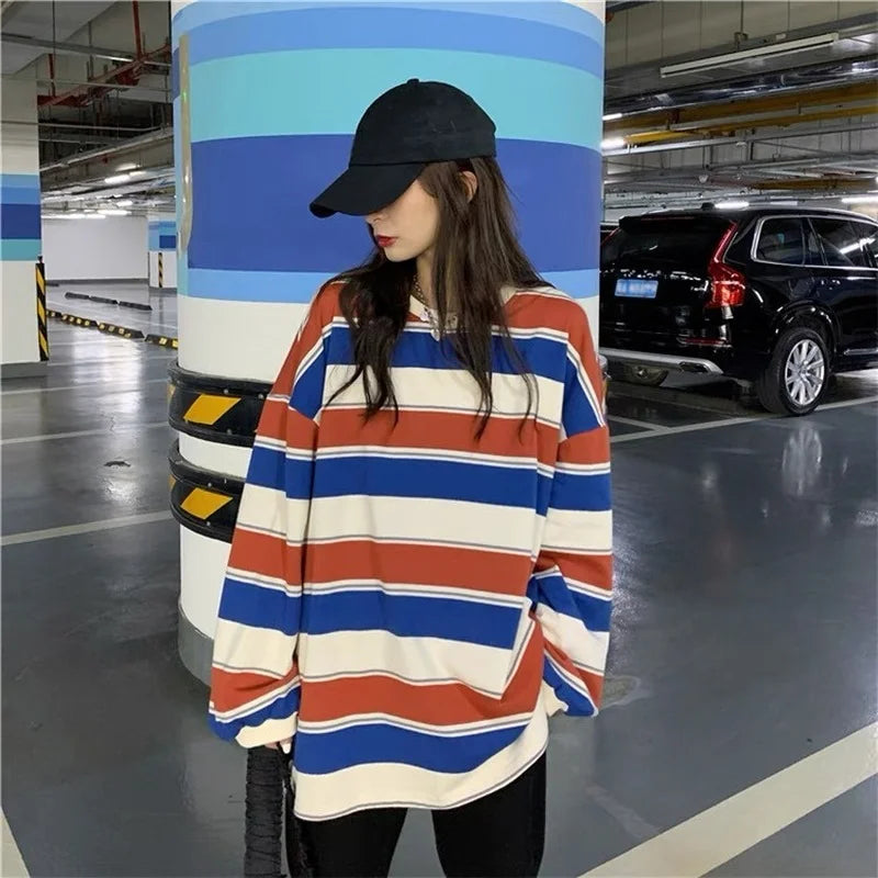 “Must Be Nice” Women’s Striped Oversized Long Sleeve Sweatshirt