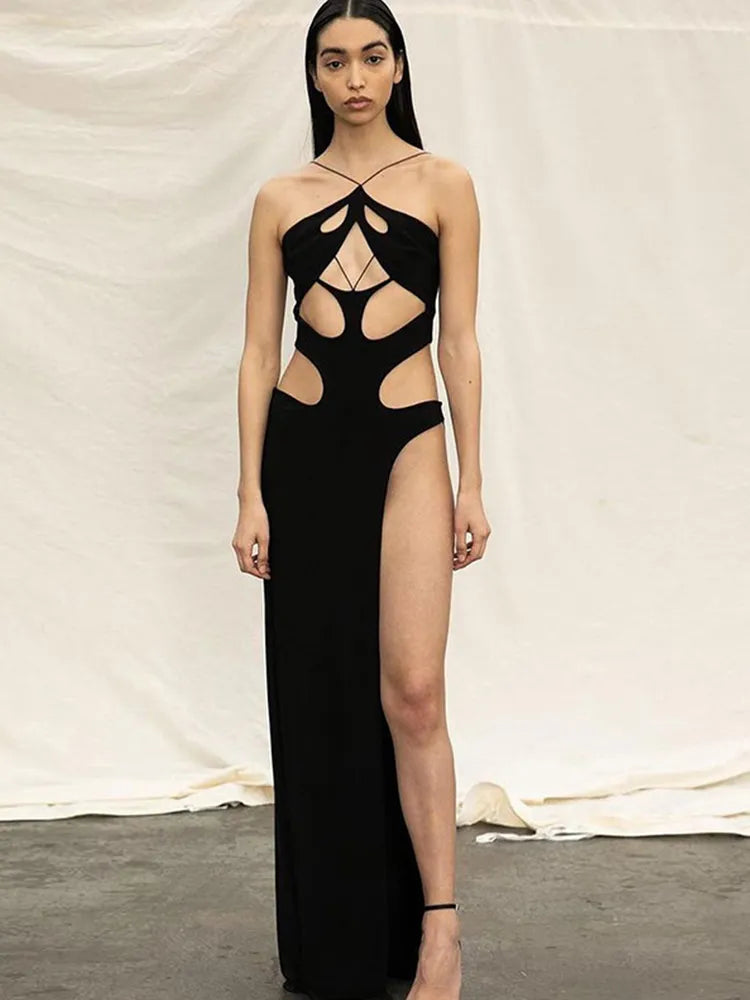 "Toxic" Sexy Black Cut Out High Waist Split Maxi Dress
