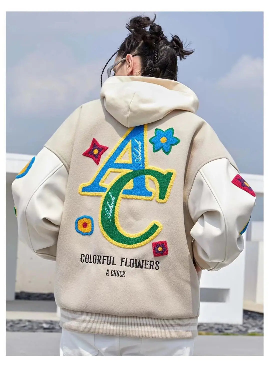 “Colorful Flowers” Men’s American Flower Embroidered Urban Bomber Jacket