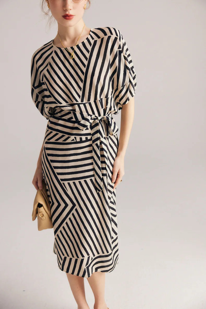 "Lady Jaye" Women's Mulberry Silk Bat Sleeve Striped Dress