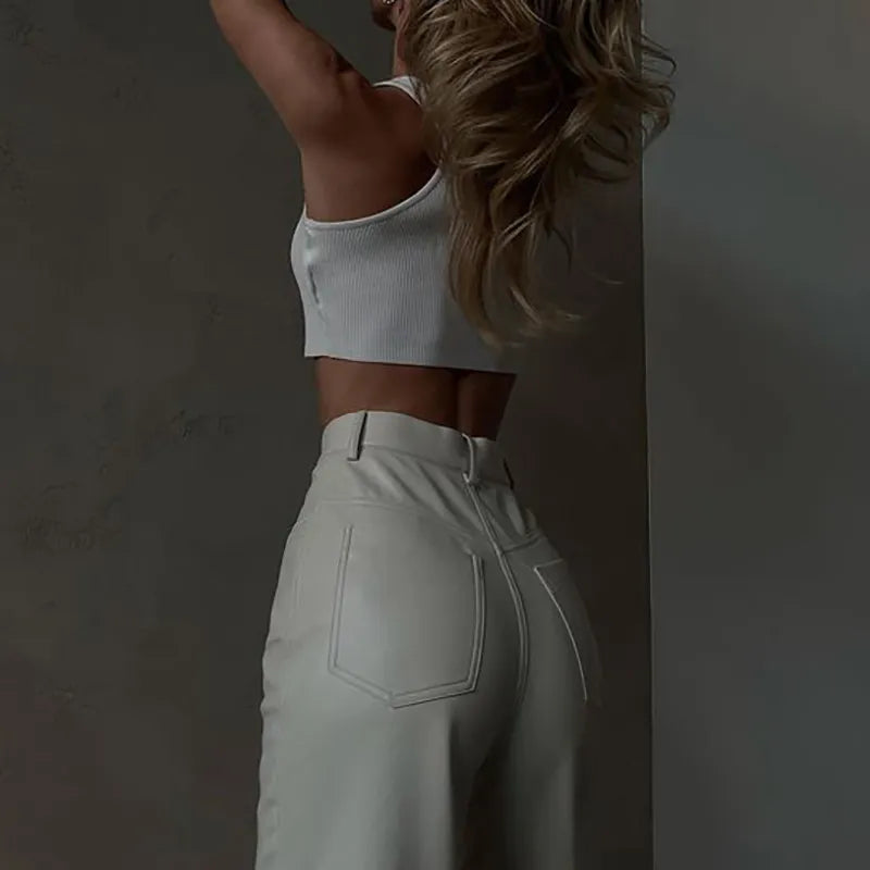 “Miley” High Waist Straight Leg Button Up Leather Pants