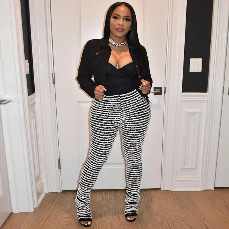 “Pay The Fee” Knitted Black and White Striped High Waist Flare Pants