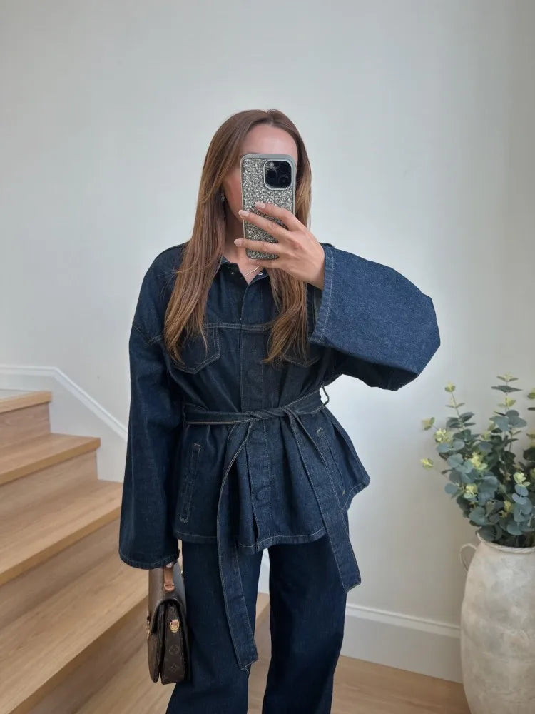 "Bel Air" Women's Cinched Lace Up Wide Leg Denim Pants Set