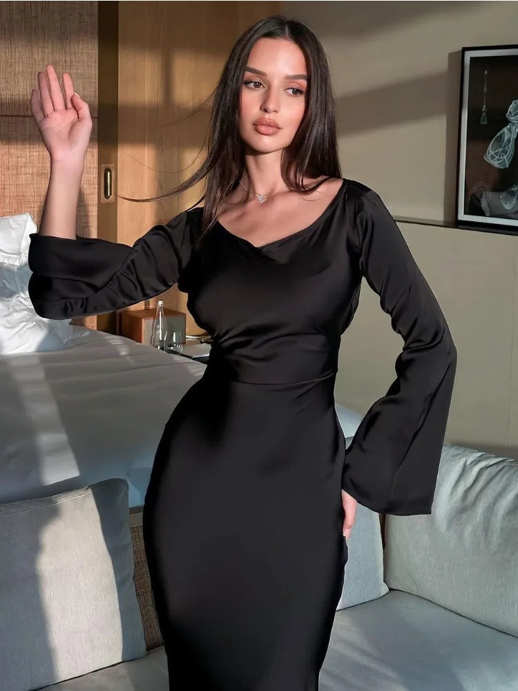 "Opera" Black Satin Bandage Maxi Dress