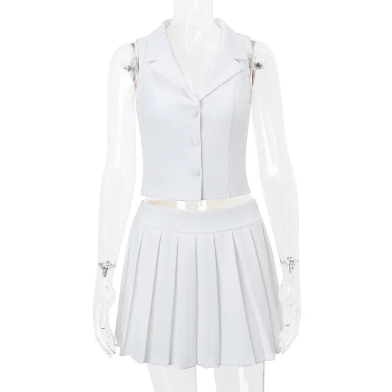 ”The Banks” Women’s White V Neck Pleated 2 Piece Outfit Set