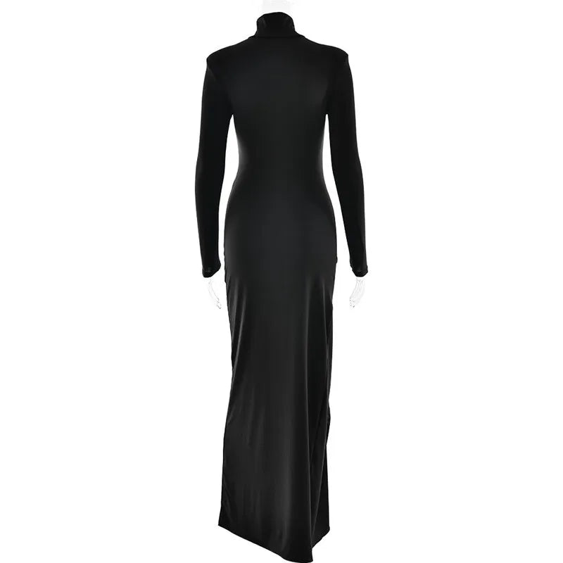 "Madison" Women's Draped Turtleneck Thigh High Split Long Sleeve Bodycon Maxi Dress