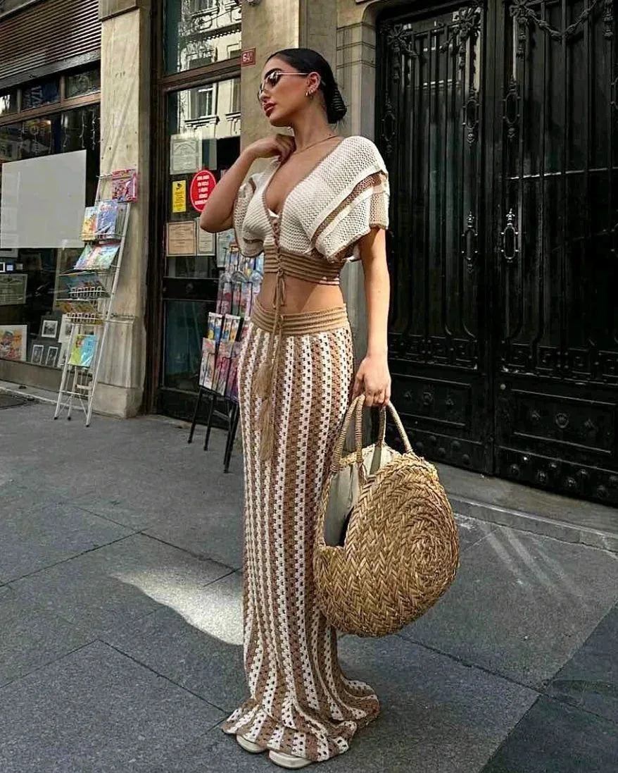 "Jolie" Knitted Striped 2 Piece Cropped Outfit Set