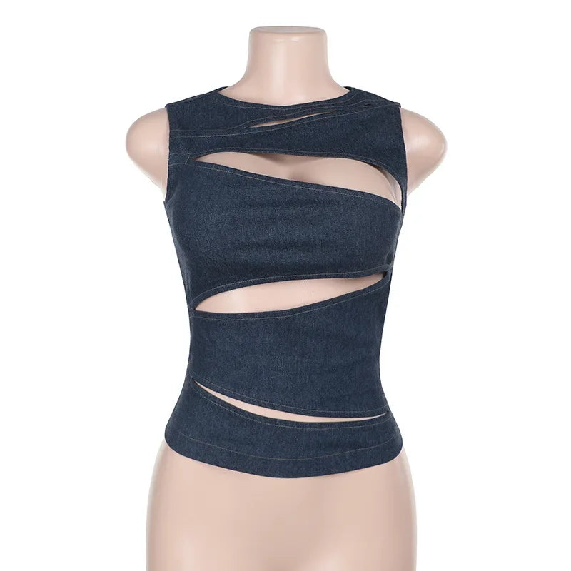 "Valley" Women's Sleeveless Round Neck Denim Vest