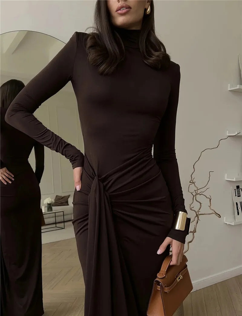 "Madison" Women's Draped Turtleneck Thigh High Split Long Sleeve Bodycon Maxi Dress