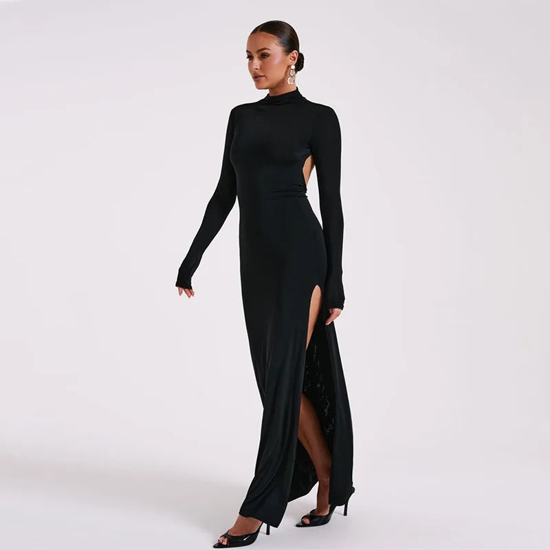 "Mystiq" Elegant Black Backless High Slit Maxi Dress