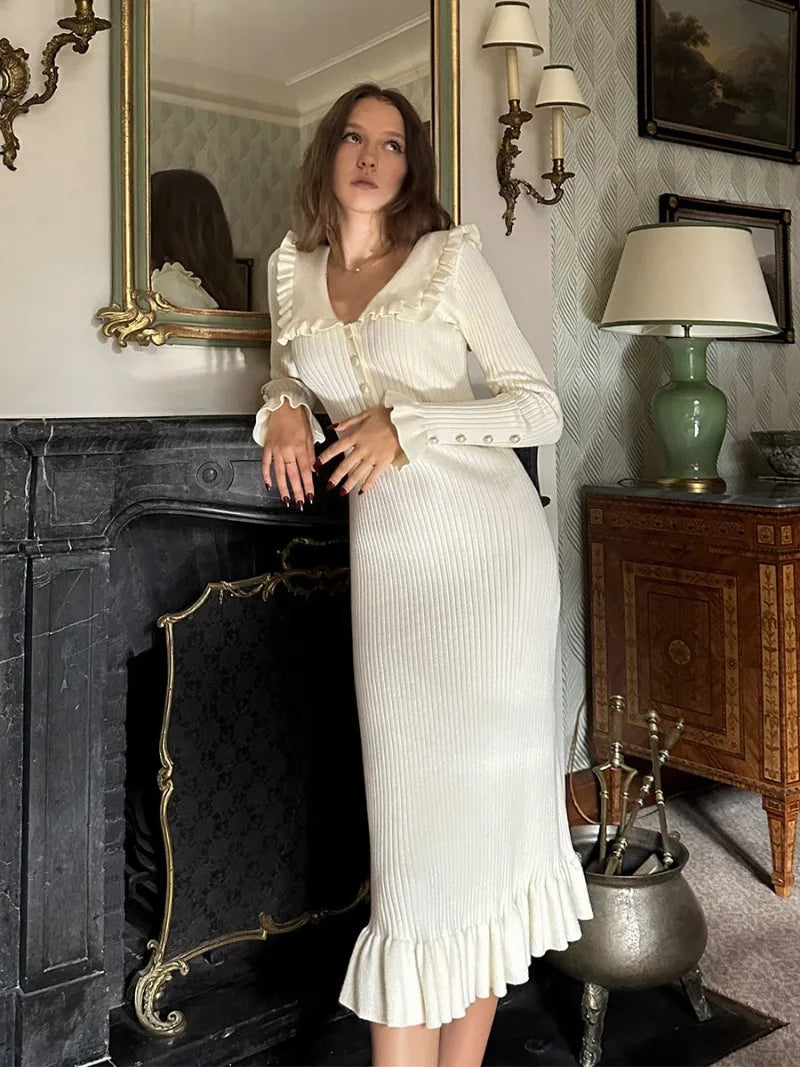 ”Elizabeth” Vintage Knitted High Waist Ruffled Maxi Dress