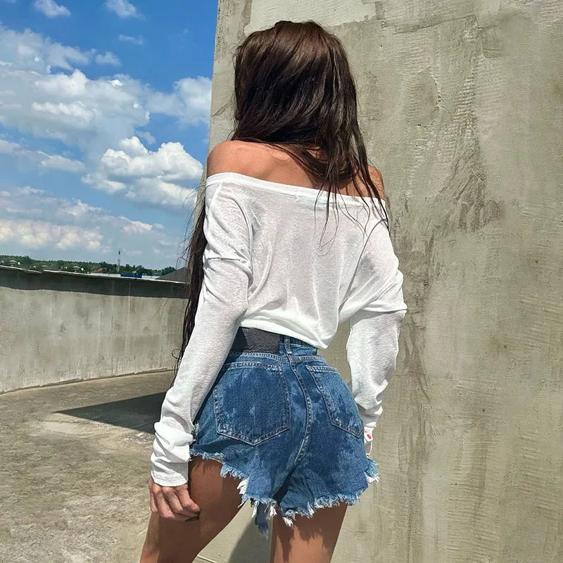 "Como" Women's See Though Off-Shoulder Long Sleeve Crop Top