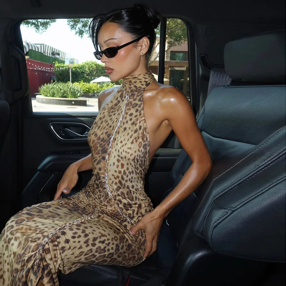 "Blackout" Women's Embellished Backless Leopard Print Maxi Dress