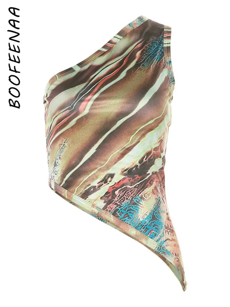 ”Dopamine” Women’s Asymmetric Print Y2K Style One Shoulder Crop Top