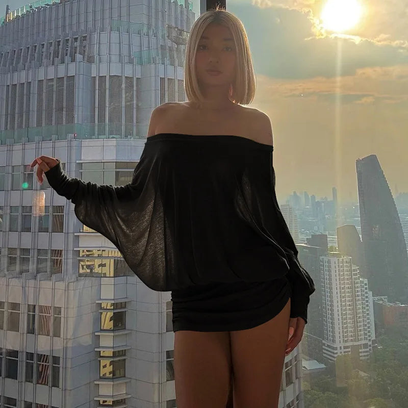 "Sunsets" Women's Off Shoulder See-Through Bodycon Mini Dress