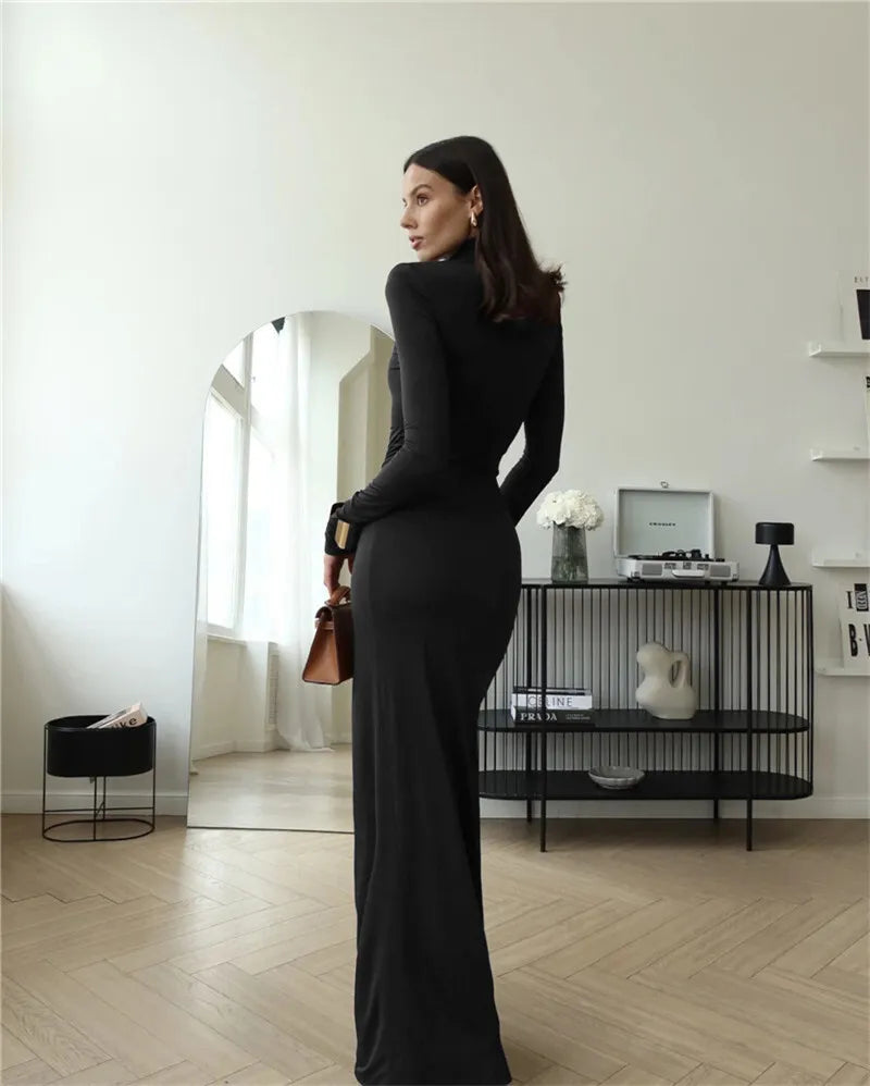 "Madison" Women's Draped Turtleneck Thigh High Split Long Sleeve Bodycon Maxi Dress