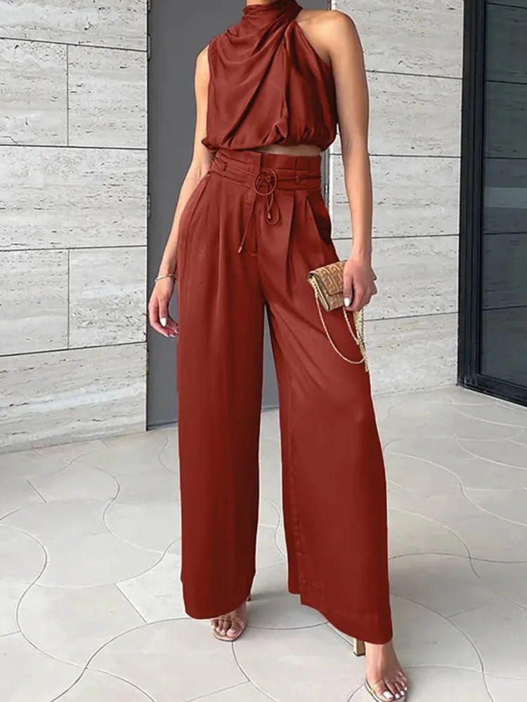“Swift” Women’s Pleated Silk Two Piece Sleeveless Outfit Set