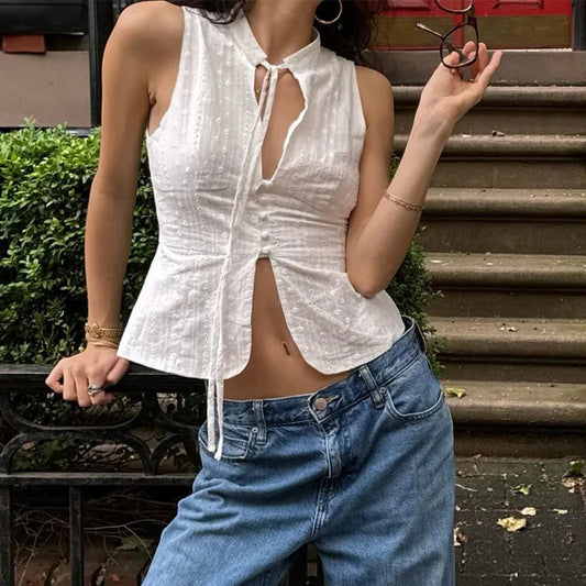 "Girl Next Door" Women's Breathable See-Through Y2K Style Button Up Crop Top
