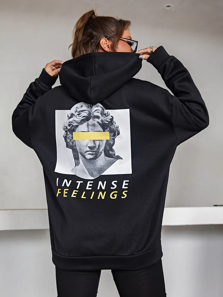 “Intense Feeling” Women’s Casual Graphic Print Black Hoodie