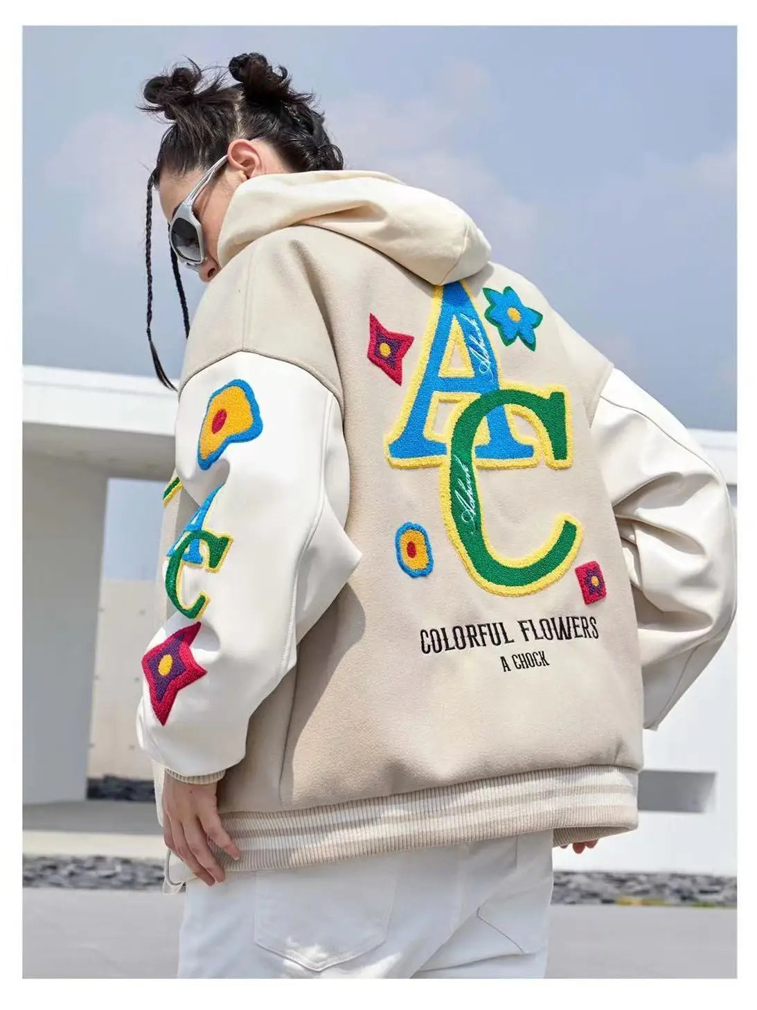 “Colorful Flowers” Men’s American Flower Embroidered Urban Bomber Jacket