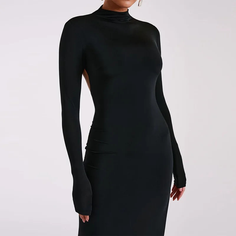 "Mystiq" Elegant Black Backless High Slit Maxi Dress